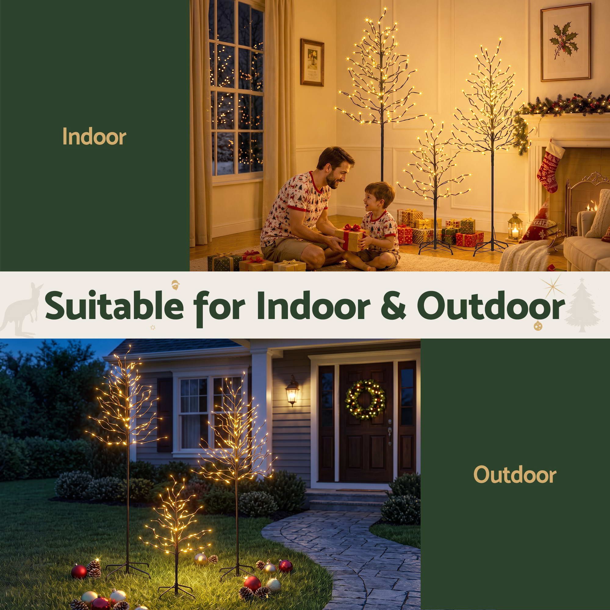 3 Pack LED Christmas Tree Lighted Birch Tree Indoor Outdoor Xmas Decor Warm White