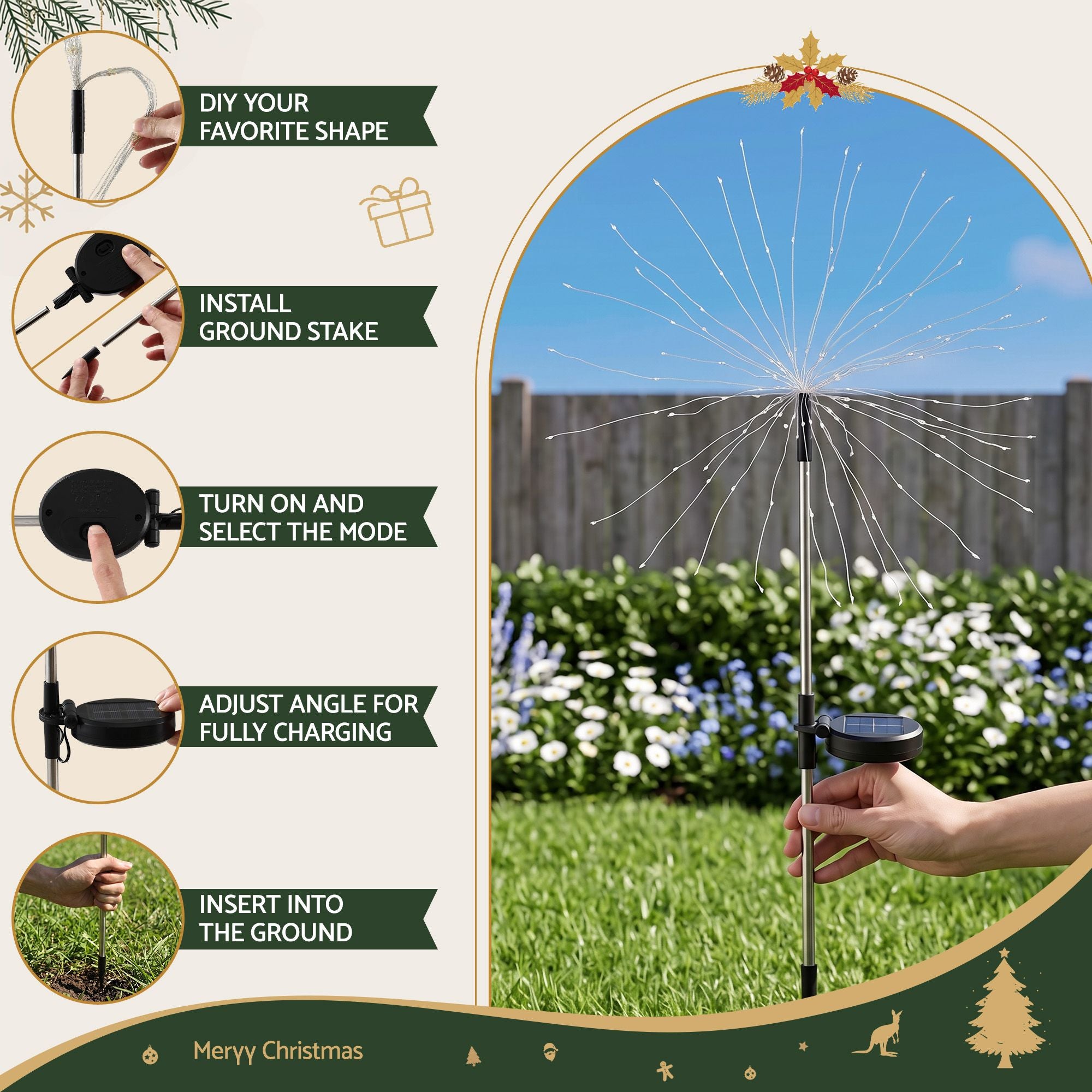 4 Pack Christmas Lights Solar Firework Outdoor Garden Lights DIY Decoration Warm White