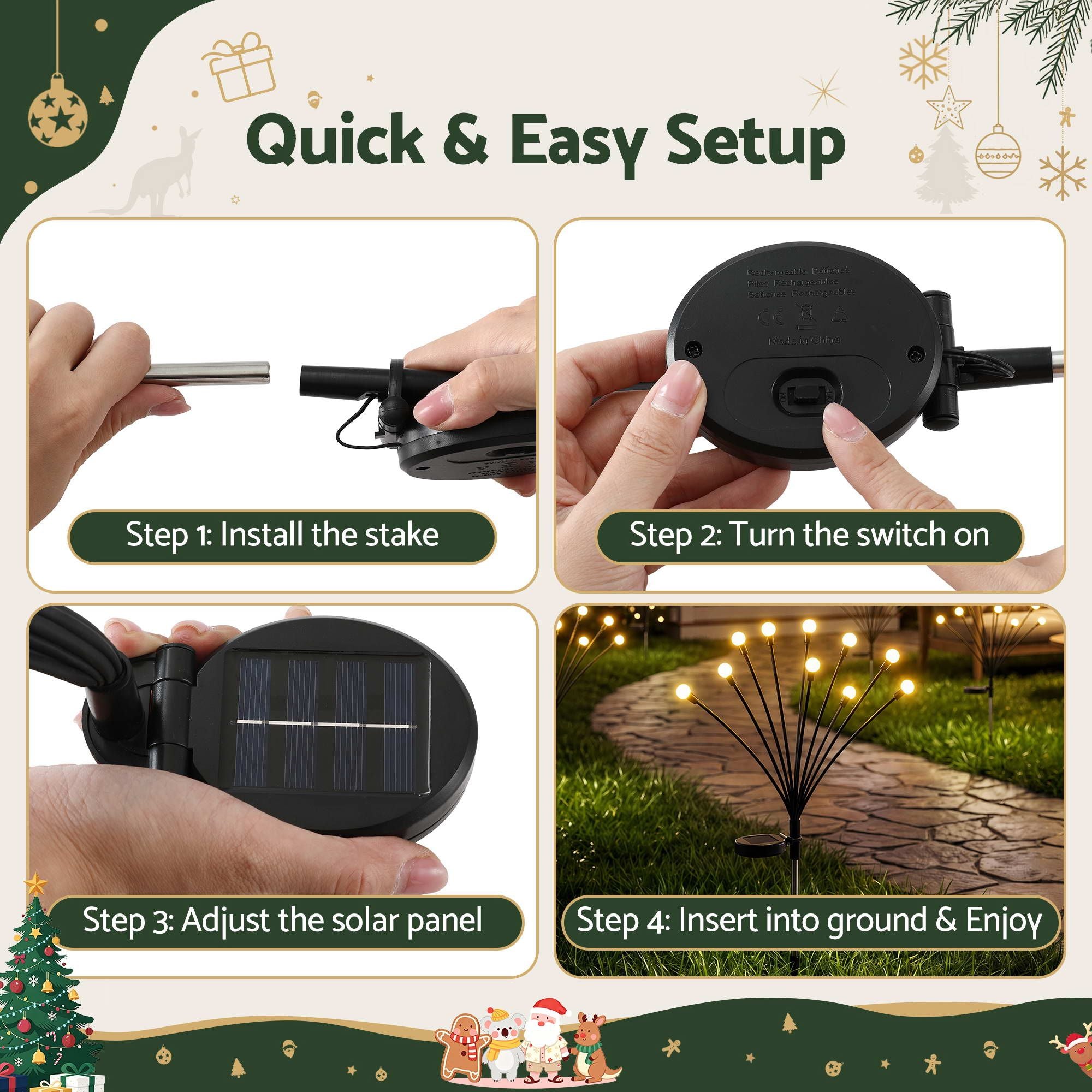 Christmas Lights Solar Firefly Lights Garden Decoration Path Lights Warm White 3 Pack