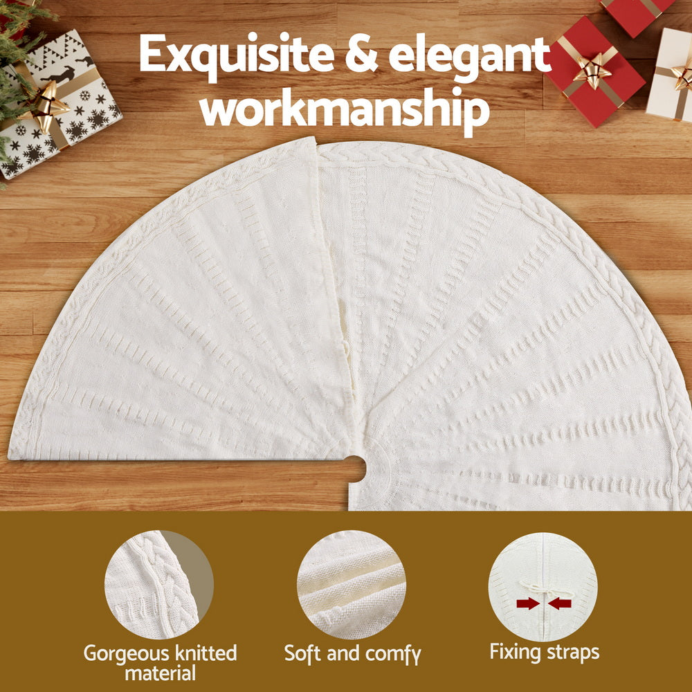 Christmas Tree Skirt 90cm Knitted Fabric Xmas Ornament Decor Beige