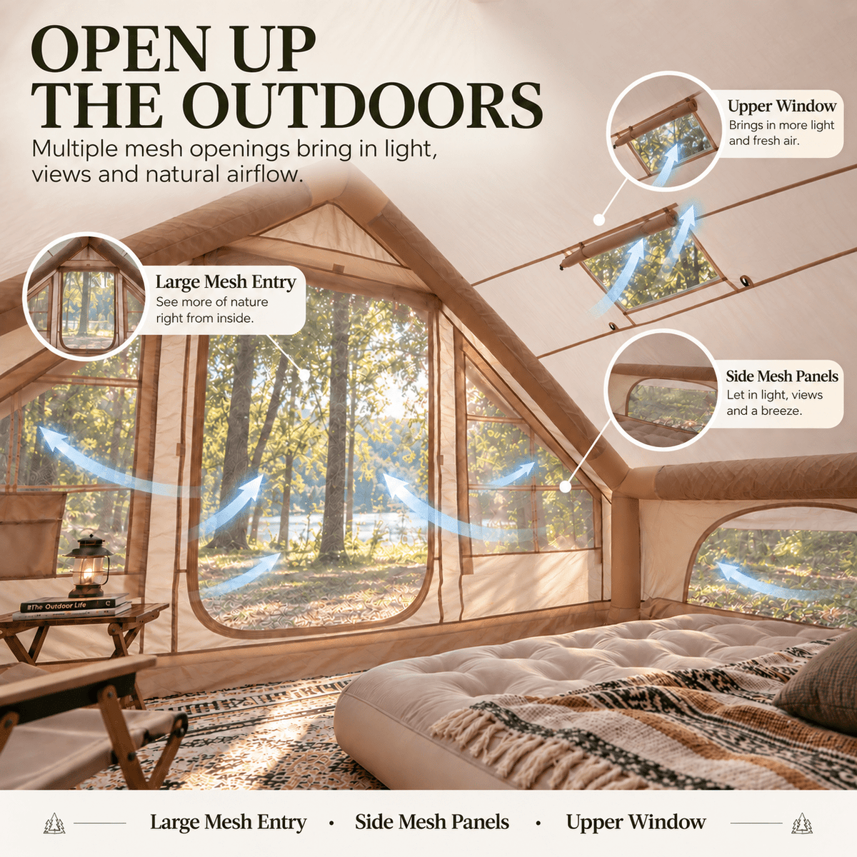 A-Frame Inflatable Air Tent with Mesh Windows for Family Glamping - Khaki - Outdoor Recreation > Camping > Tents - Rivercity House & Home Co. (ABN 18 642 972 209) - Affordable Modern Furniture Australia
