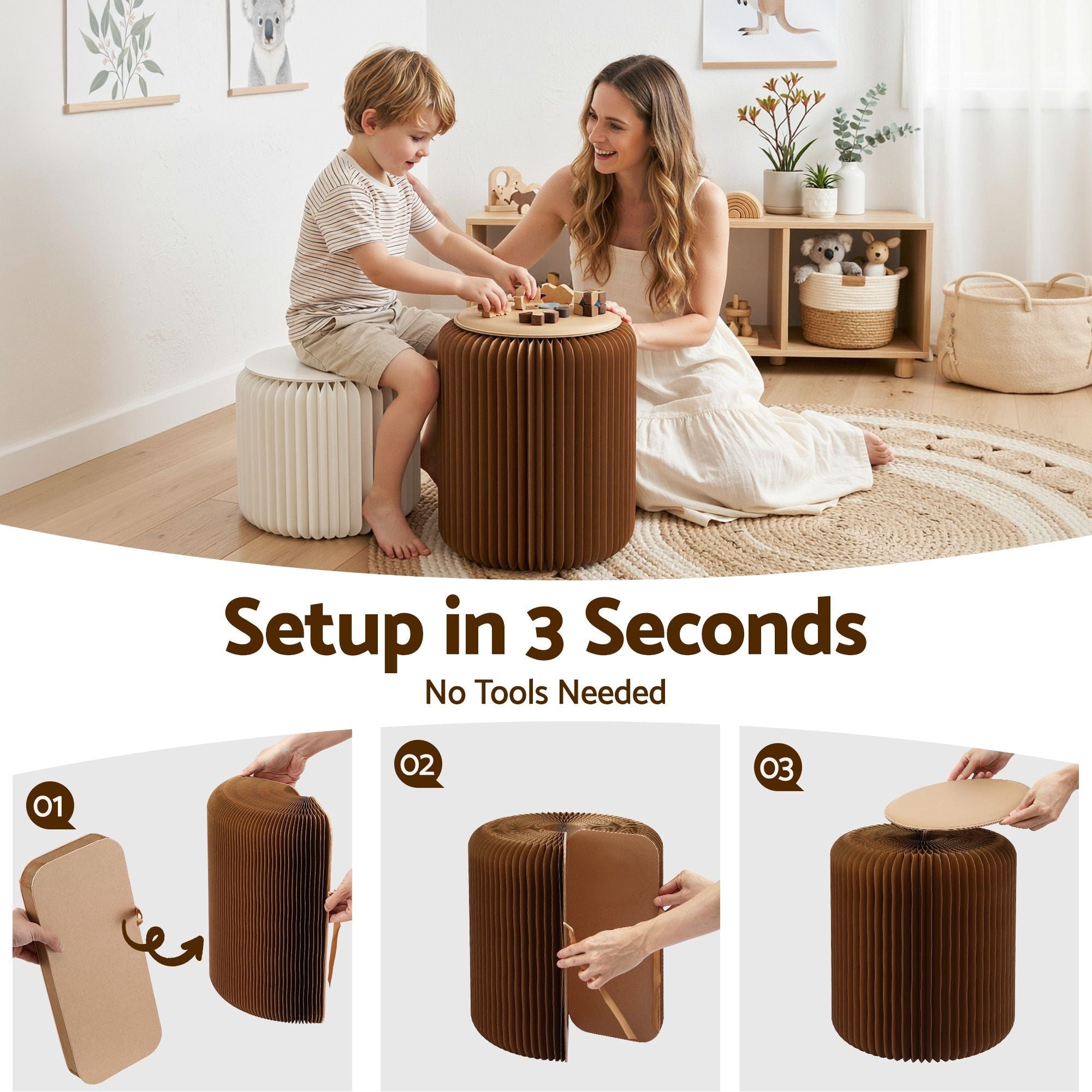 Accordion Folding Paper Stools Set Includes 2 Cushions Natural Kraft 100KG Capacity - Furniture > Living Room > Ottomans & Footstools - Rivercity House & Home Co. (ABN 18 642 972 209) - Affordable Modern Furniture Australia