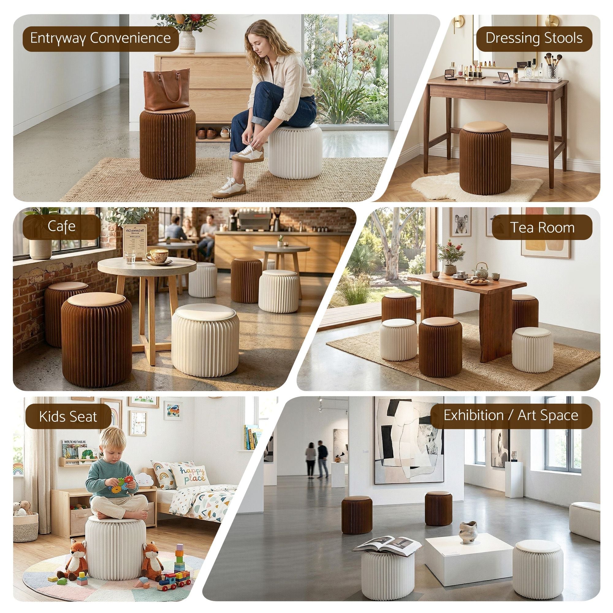 Accordion Folding Paper Stools Set Includes 2 Cushions Natural Kraft 100KG Capacity - Furniture > Living Room > Ottomans & Footstools - Rivercity House & Home Co. (ABN 18 642 972 209) - Affordable Modern Furniture Australia