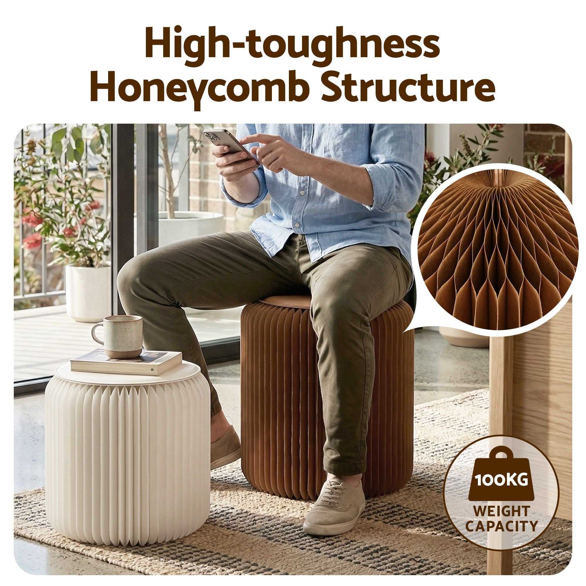 Accordion Folding Paper Stools Set Includes 2 Cushions Natural Kraft 100KG Capacity - Furniture > Living Room > Ottomans & Footstools - Rivercity House & Home Co. (ABN 18 642 972 209) - Affordable Modern Furniture Australia