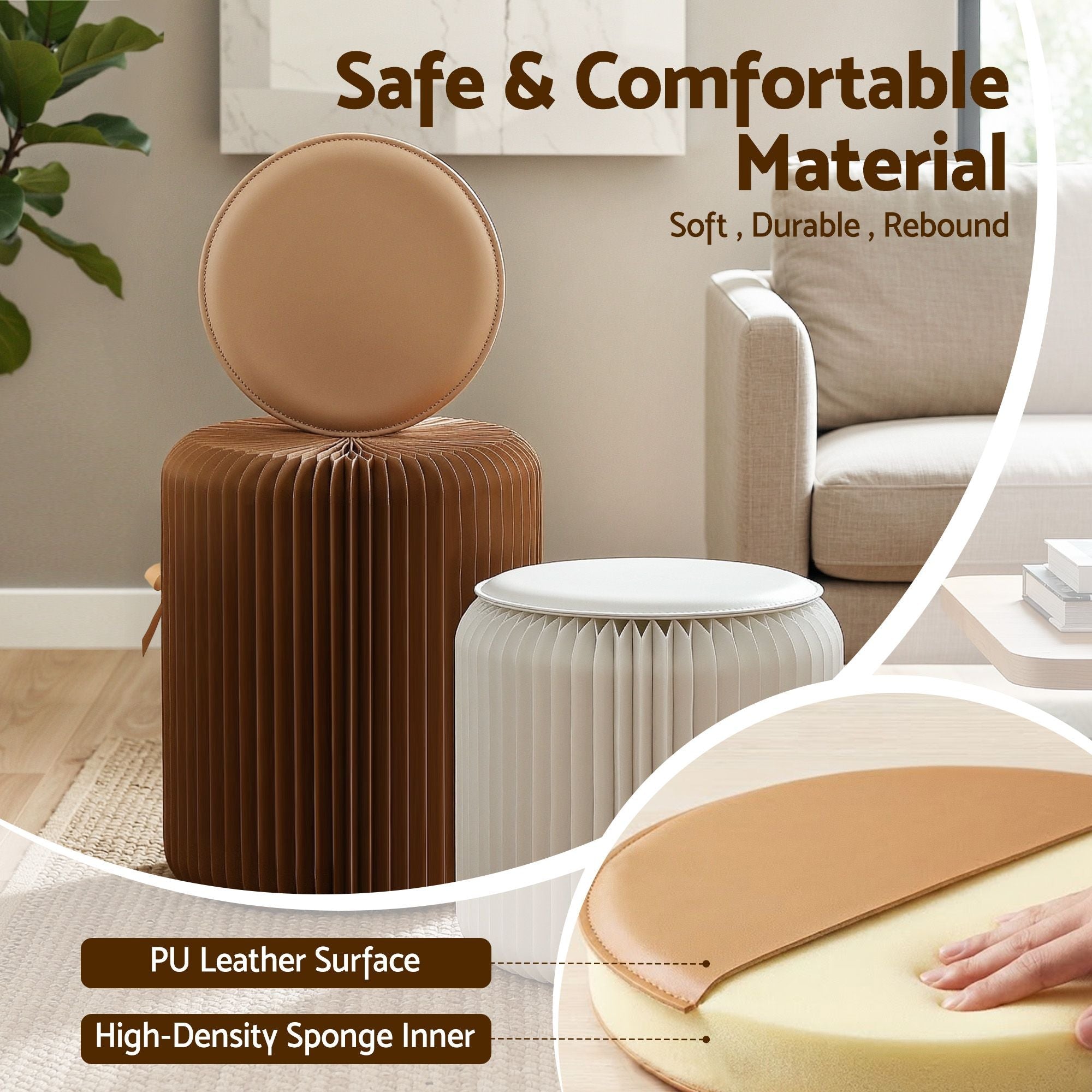 Accordion Folding Paper Stools Set Includes 2 Cushions Natural Kraft 100KG Capacity - Furniture > Living Room > Ottomans & Footstools - Rivercity House & Home Co. (ABN 18 642 972 209) - Affordable Modern Furniture Australia