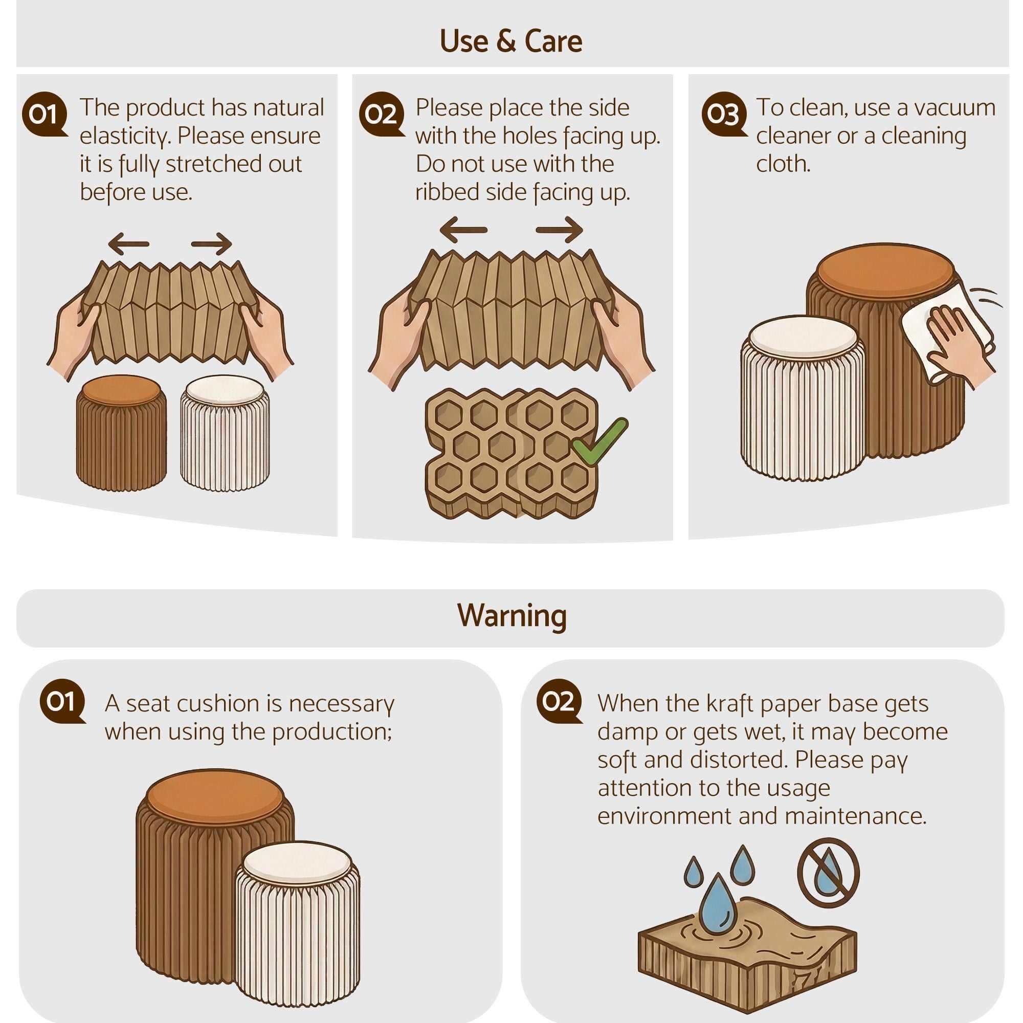 Accordion Folding Paper Stools Set Includes 2 Cushions Natural Kraft 100KG Capacity - Furniture > Living Room > Ottomans & Footstools - Rivercity House & Home Co. (ABN 18 642 972 209) - Affordable Modern Furniture Australia