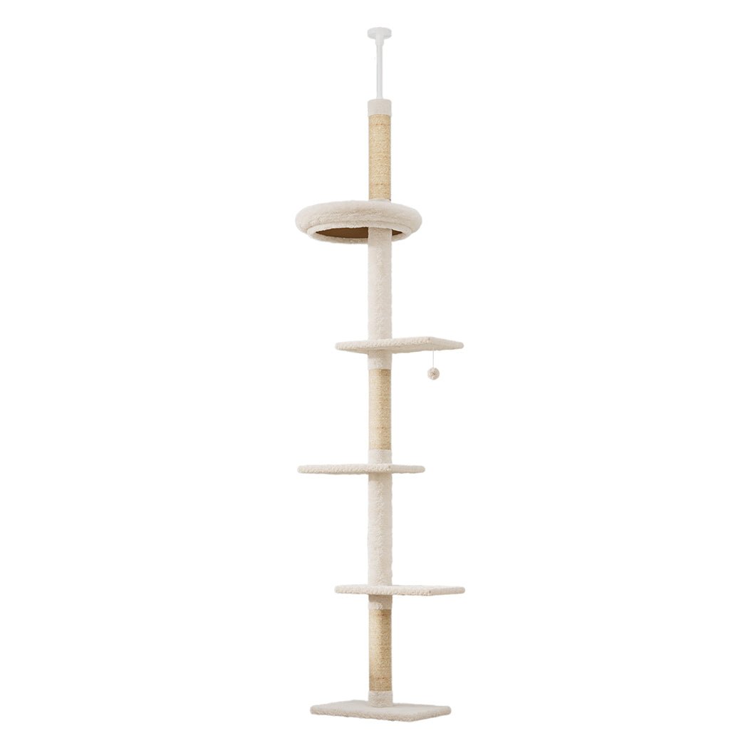 Adjustable 230 - 275cm Cat Tree Tower Scratching Post with Hanging Toy - Beige - Rivercity House & Home Co. (ABN 18 642 972 209) - Affordable Modern Furniture Australia