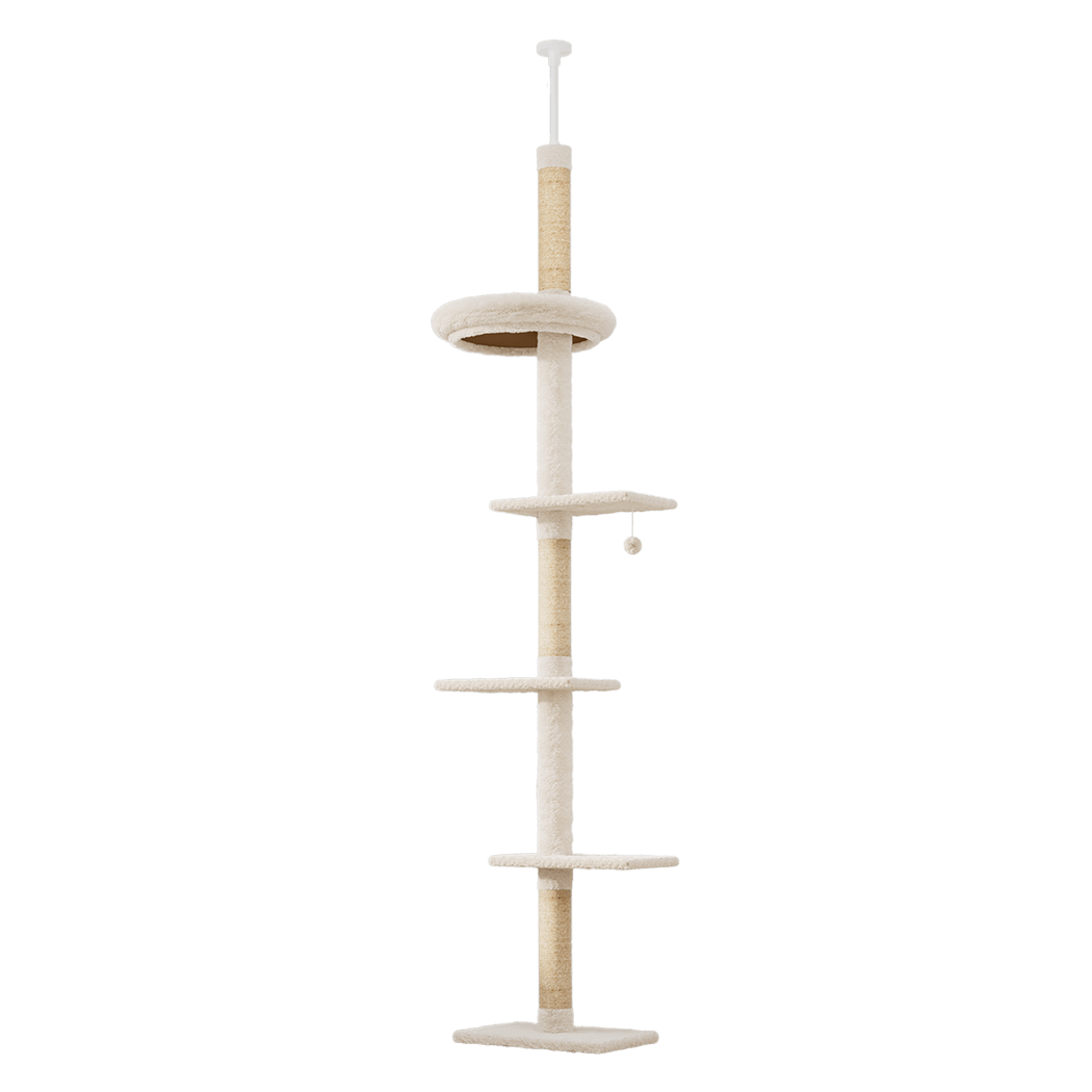 Adjustable 230 - 275cm Cat Tree Tower Scratching Post with Hanging Toy - Beige - Rivercity House & Home Co. (ABN 18 642 972 209) - Affordable Modern Furniture Australia