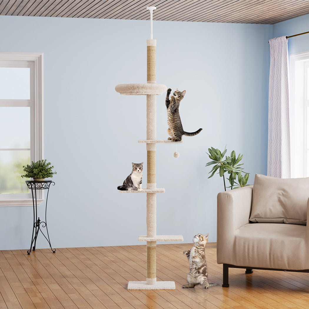 Adjustable 230 - 275cm Cat Tree Tower Scratching Post with Hanging Toy - Beige - Rivercity House & Home Co. (ABN 18 642 972 209) - Affordable Modern Furniture Australia
