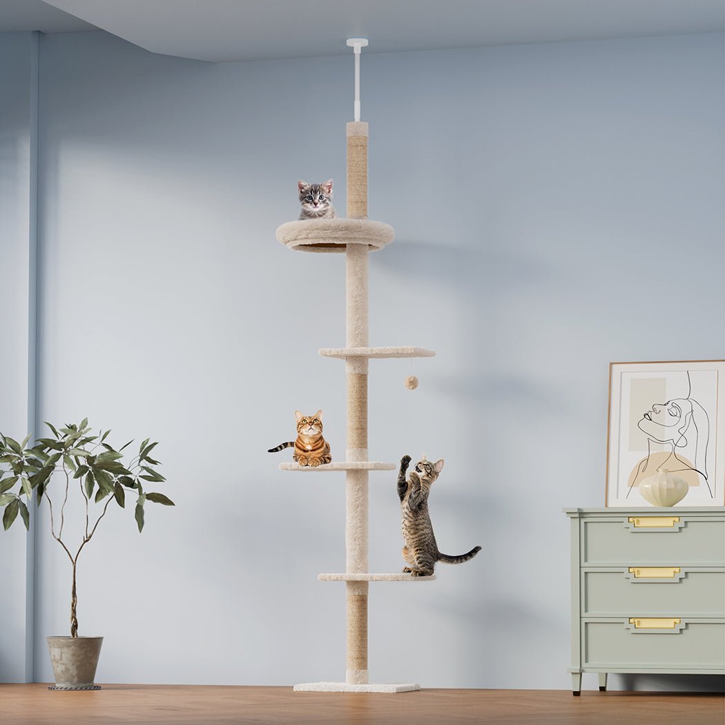 Adjustable 230 - 275cm Cat Tree Tower Scratching Post with Hanging Toy - Beige - Rivercity House & Home Co. (ABN 18 642 972 209) - Affordable Modern Furniture Australia