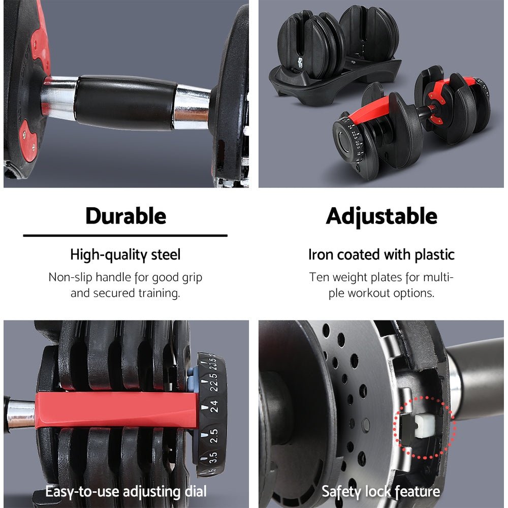Adjustable 24kg Dumbbell with Weight Plates and Holder - Black and Red - Sports & Fitness > Exercise, Gym & Fitness > Free Weights - Rivercity House & Home Co. (ABN 18 642 972 209) - Affordable Modern Furniture Australia