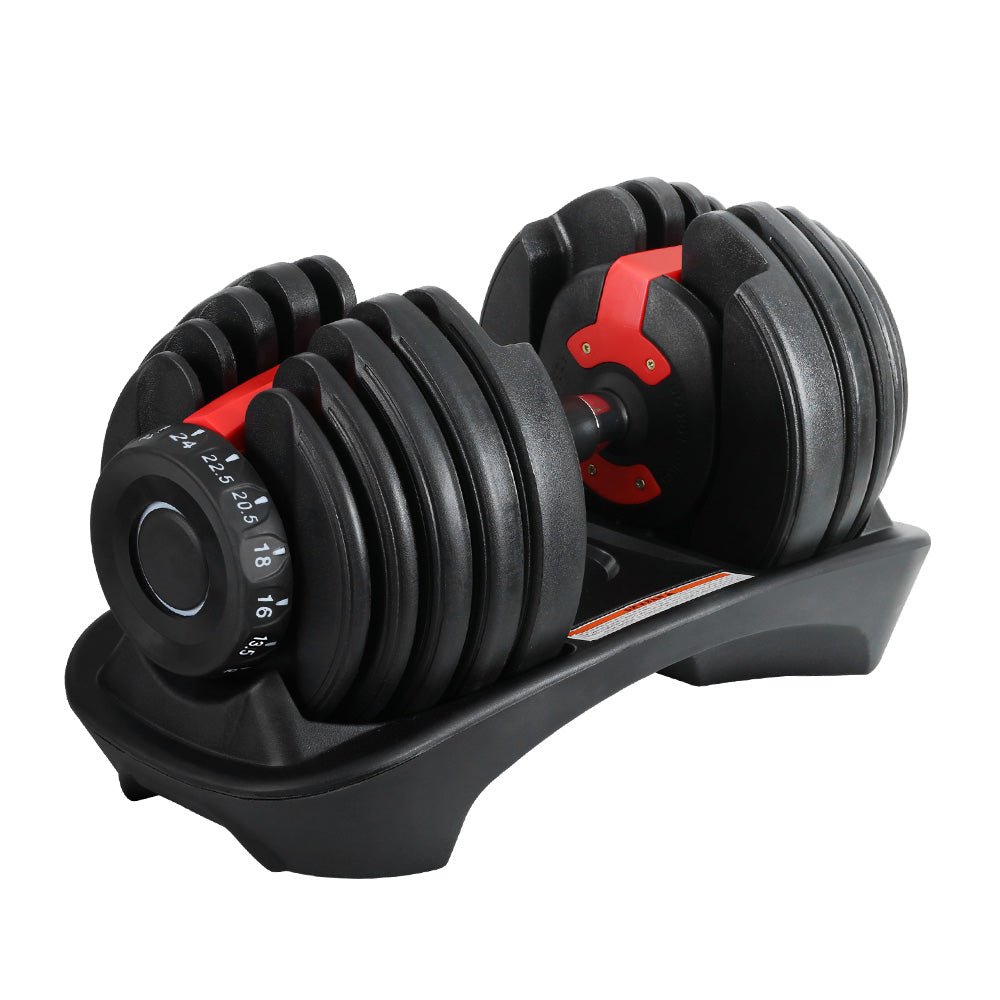 Adjustable 24kg Dumbbell with Weight Plates and Holder - Black and Red - Sports & Fitness > Exercise, Gym & Fitness > Free Weights - Rivercity House & Home Co. (ABN 18 642 972 209) - Affordable Modern Furniture Australia