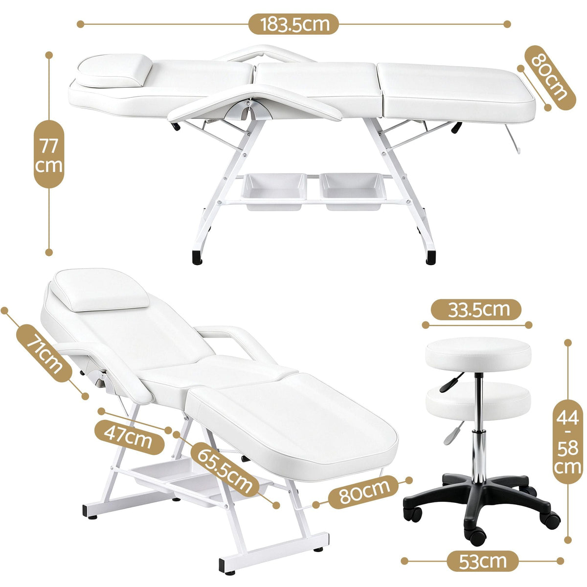 Adjustable Beauty Bed with Stool for Facial, Massage, Tattoo and Salon Services - White - Health & Beauty > Massage & Relaxation > Massage Tables - Rivercity House & Home Co. (ABN 18 642 972 209) - Affordable Modern Furniture Australia