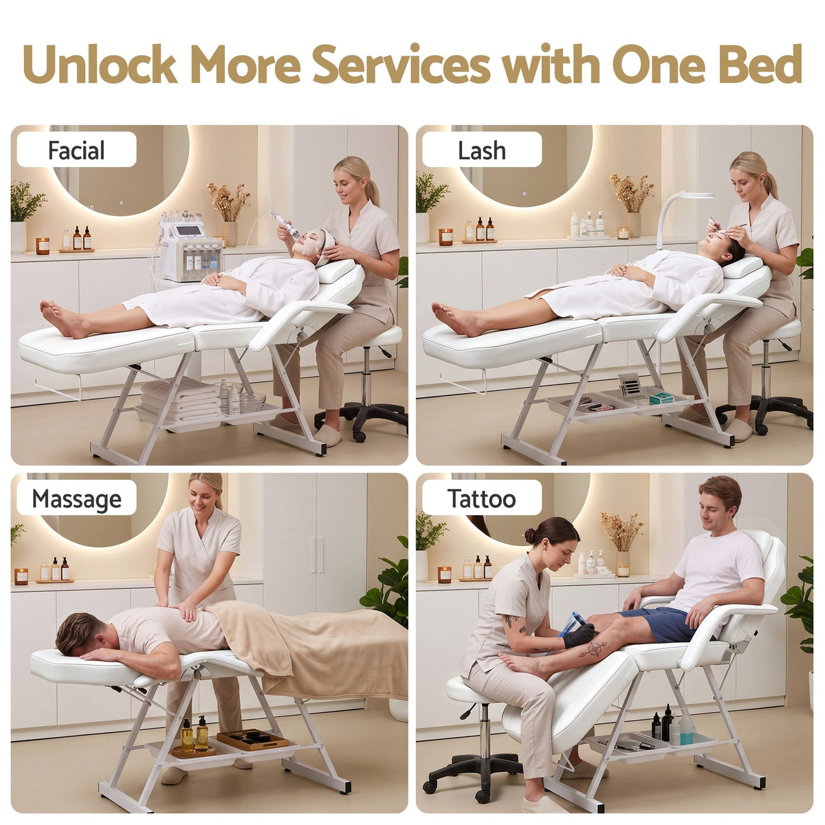 Adjustable Beauty Bed with Stool for Facial, Massage, Tattoo and Salon Services - White - Health & Beauty > Massage & Relaxation > Massage Tables - Rivercity House & Home Co. (ABN 18 642 972 209) - Affordable Modern Furniture Australia