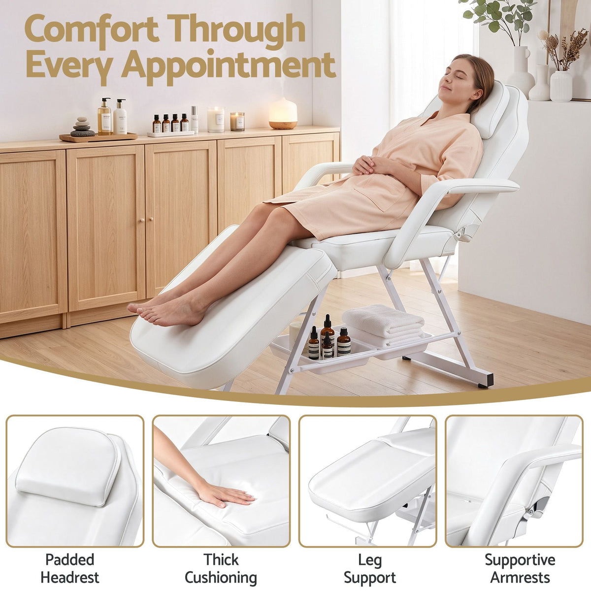 Adjustable Beauty Bed with Stool for Facial, Massage, Tattoo and Salon Services - White - Health & Beauty > Massage & Relaxation > Massage Tables - Rivercity House & Home Co. (ABN 18 642 972 209) - Affordable Modern Furniture Australia
