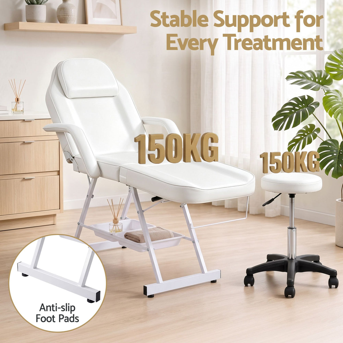 Adjustable Beauty Bed with Stool for Facial, Massage, Tattoo and Salon Services - White - Health & Beauty > Massage & Relaxation > Massage Tables - Rivercity House & Home Co. (ABN 18 642 972 209) - Affordable Modern Furniture Australia