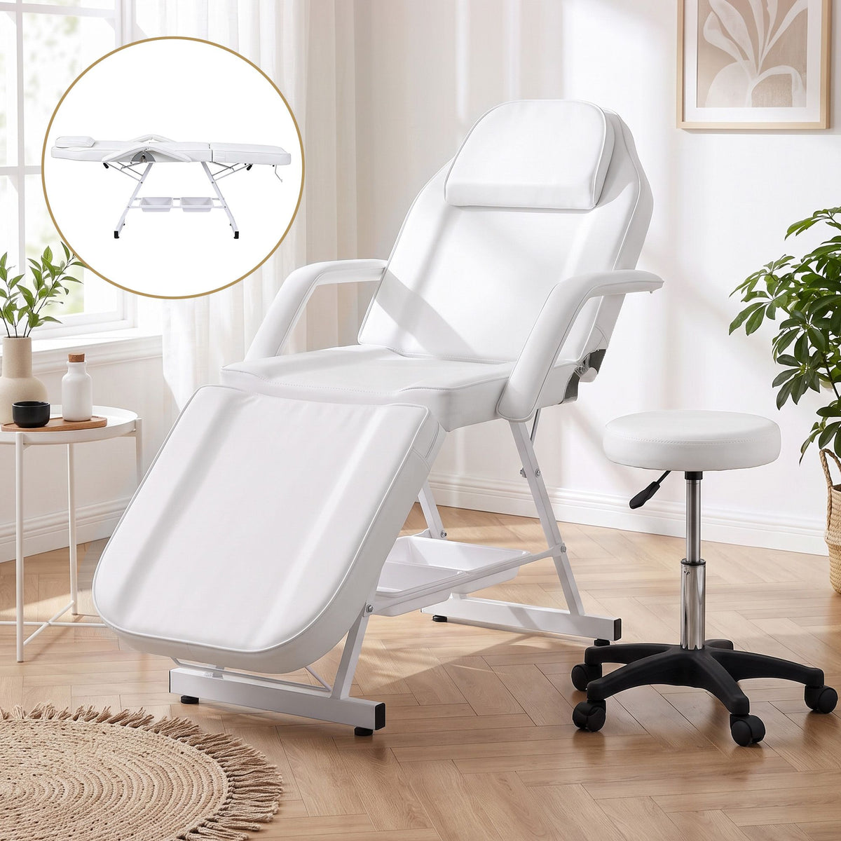 Adjustable Beauty Bed with Stool for Facial, Massage, Tattoo and Salon Services - White - Health & Beauty > Massage & Relaxation > Massage Tables - Rivercity House & Home Co. (ABN 18 642 972 209) - Affordable Modern Furniture Australia