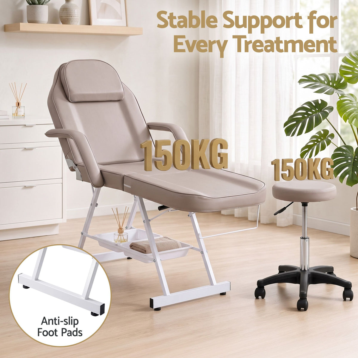 Adjustable Facial Massage Beauty Bed with Stool for Salon and Tattoo Services - Beige - Health & Beauty > Massage & Relaxation > Massage Tables - Rivercity House & Home Co. (ABN 18 642 972 209) - Affordable Modern Furniture Australia