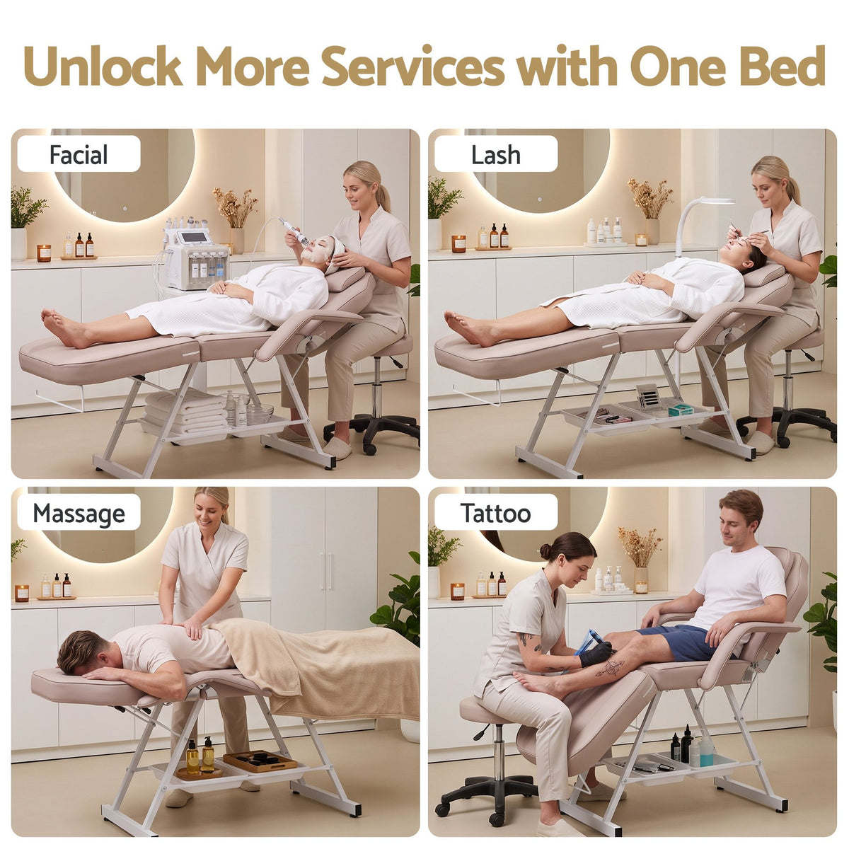 Adjustable Facial Massage Beauty Bed with Stool for Salon and Tattoo Services - Beige - Health & Beauty > Massage & Relaxation > Massage Tables - Rivercity House & Home Co. (ABN 18 642 972 209) - Affordable Modern Furniture Australia