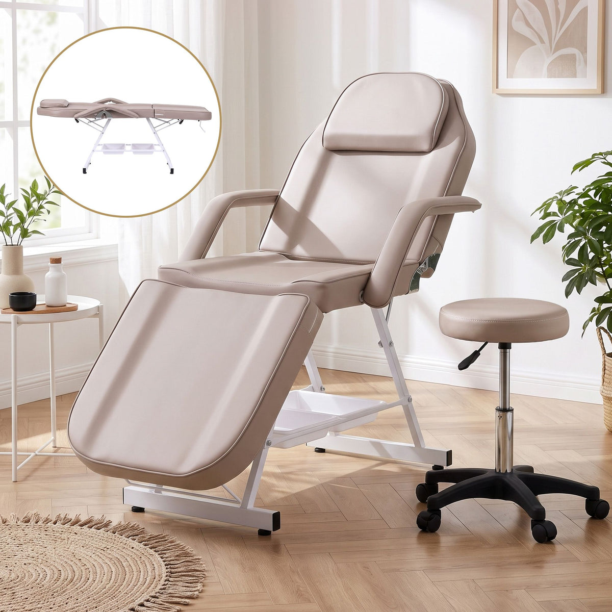 Adjustable Facial Massage Beauty Bed with Stool for Salon and Tattoo Services - Beige - Health & Beauty > Massage & Relaxation > Massage Tables - Rivercity House & Home Co. (ABN 18 642 972 209) - Affordable Modern Furniture Australia