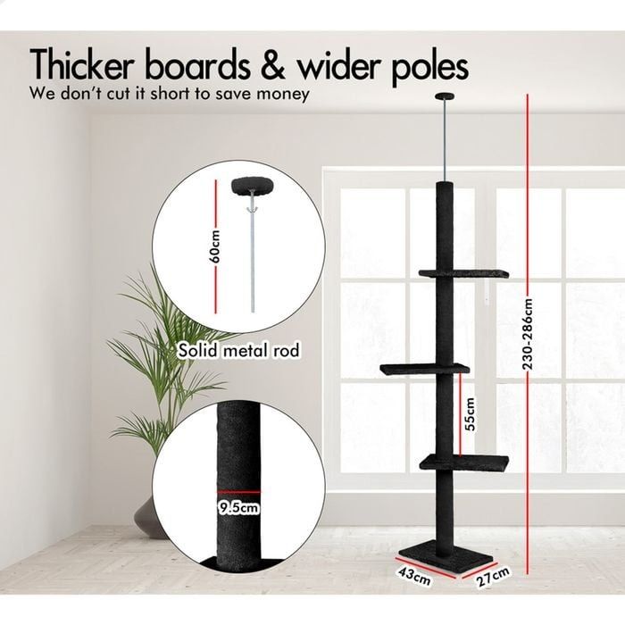 Adjustable Floor to Ceiling Cat Tree Tower 230 - 286cm for Indoor Cats - Black - Home & Garden > DIY > Flooring - Rivercity House & Home Co. (ABN 18 642 972 209) - Affordable Modern Furniture Australia