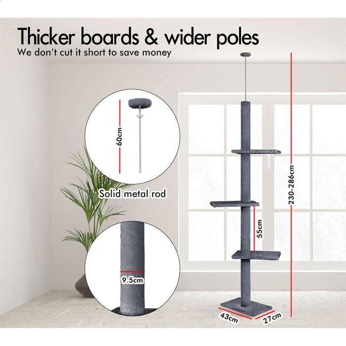 Adjustable Floor to Ceiling Cat Tree Tower 230 - 286cm for Indoor Cats - Grey - Home & Garden > DIY > Flooring - Rivercity House & Home Co. (ABN 18 642 972 209) - Affordable Modern Furniture Australia