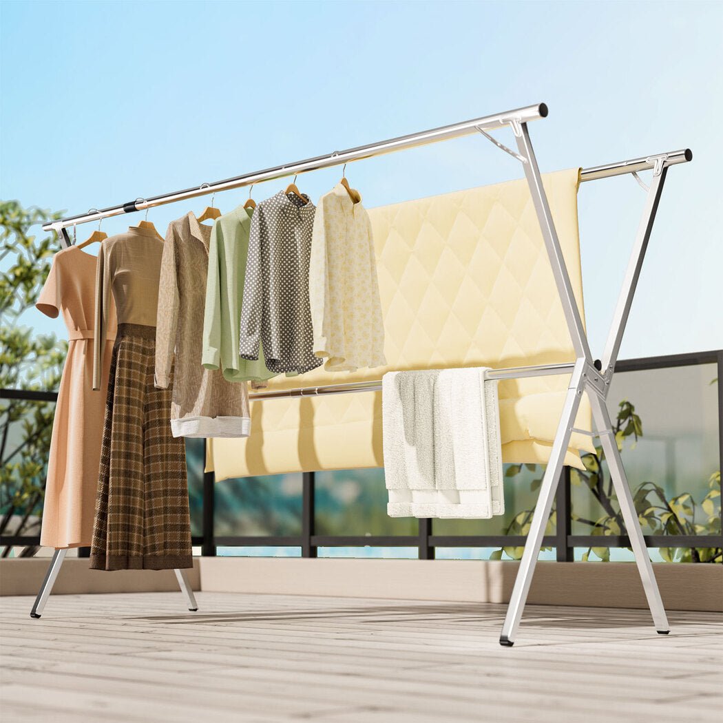 Adjustable Foldable Clothes Drying Airer 150 - 240cm with Windproof Hooks - Silver - Rivercity House & Home Co. (ABN 18 642 972 209) - Affordable Modern Furniture Australia