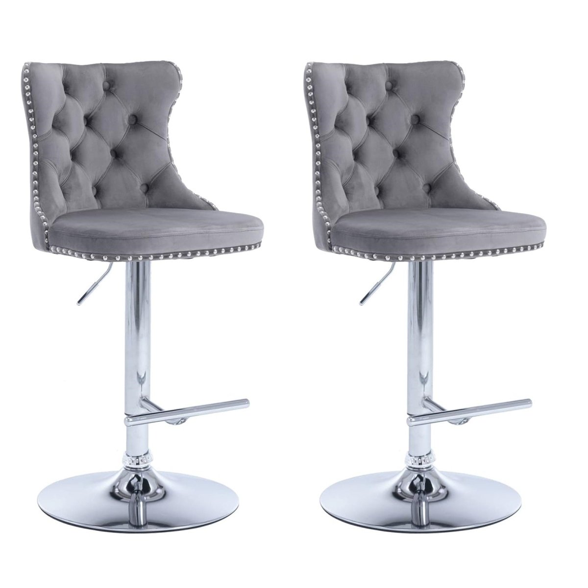Adjustable Grey Velvet Swivel Bar Stools with Tufted Back and Nailhead Trim, 2 - Pack - Grey - Furniture > Bar Stools & Chairs > Table & Bar Stools - Rivercity House & Home Co. (ABN 18 642 972 209) - Affordable Modern Furniture Australia