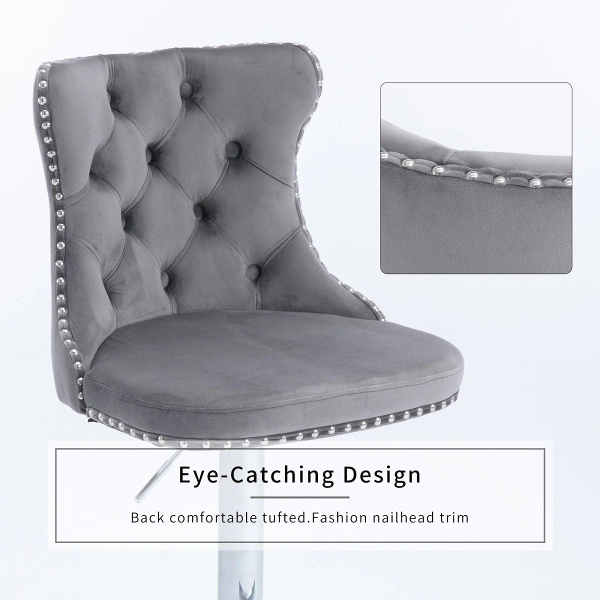 Adjustable Grey Velvet Swivel Bar Stools with Tufted Back and Nailhead Trim, 2 - Pack - Grey - Furniture > Bar Stools & Chairs > Table & Bar Stools - Rivercity House & Home Co. (ABN 18 642 972 209) - Affordable Modern Furniture Australia