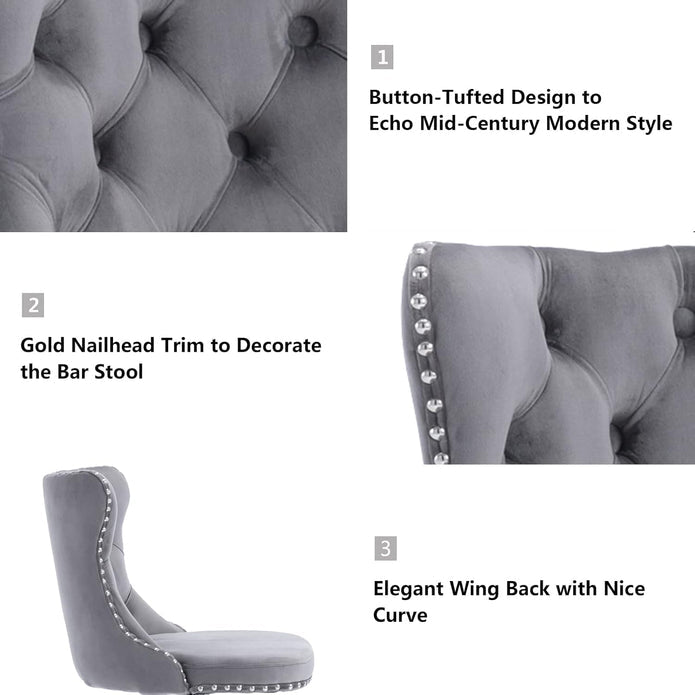 Adjustable Grey Velvet Swivel Bar Stools with Tufted Back and Nailhead Trim, 2 - Pack - Grey - Furniture > Bar Stools & Chairs > Table & Bar Stools - Rivercity House & Home Co. (ABN 18 642 972 209) - Affordable Modern Furniture Australia