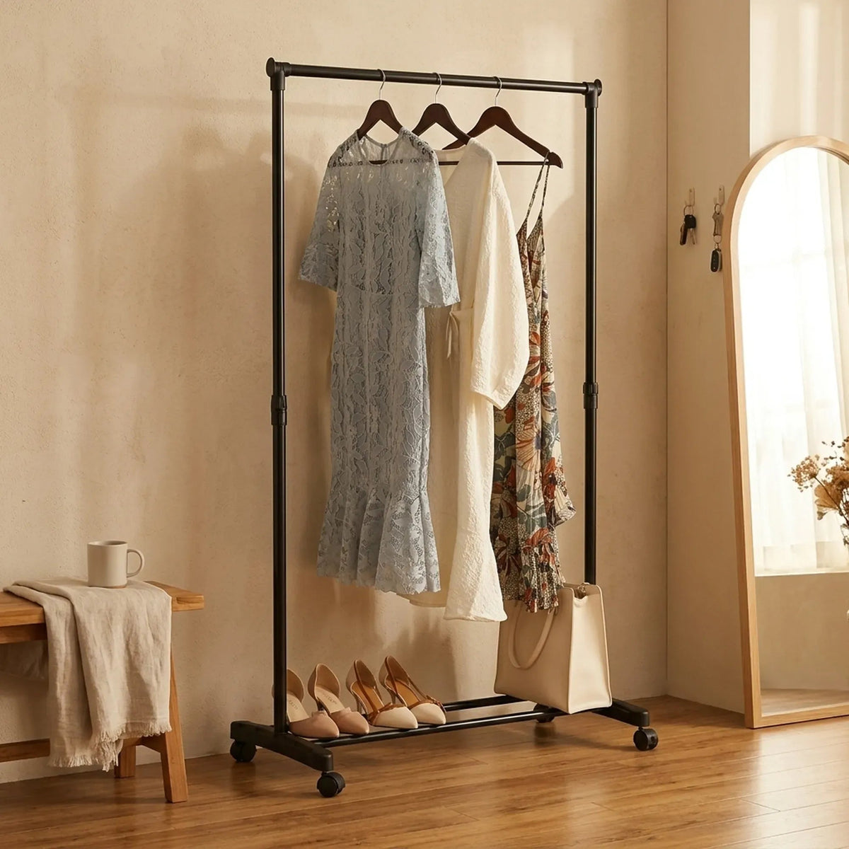 Adjustable Height Clothes Rack with Wheels and Bottom Bars for Shoes - Black - Home & Garden > Storage > Clothing & Wardrobe Storage - Rivercity House & Home Co. (ABN 18 642 972 209) - Affordable Modern Furniture Australia