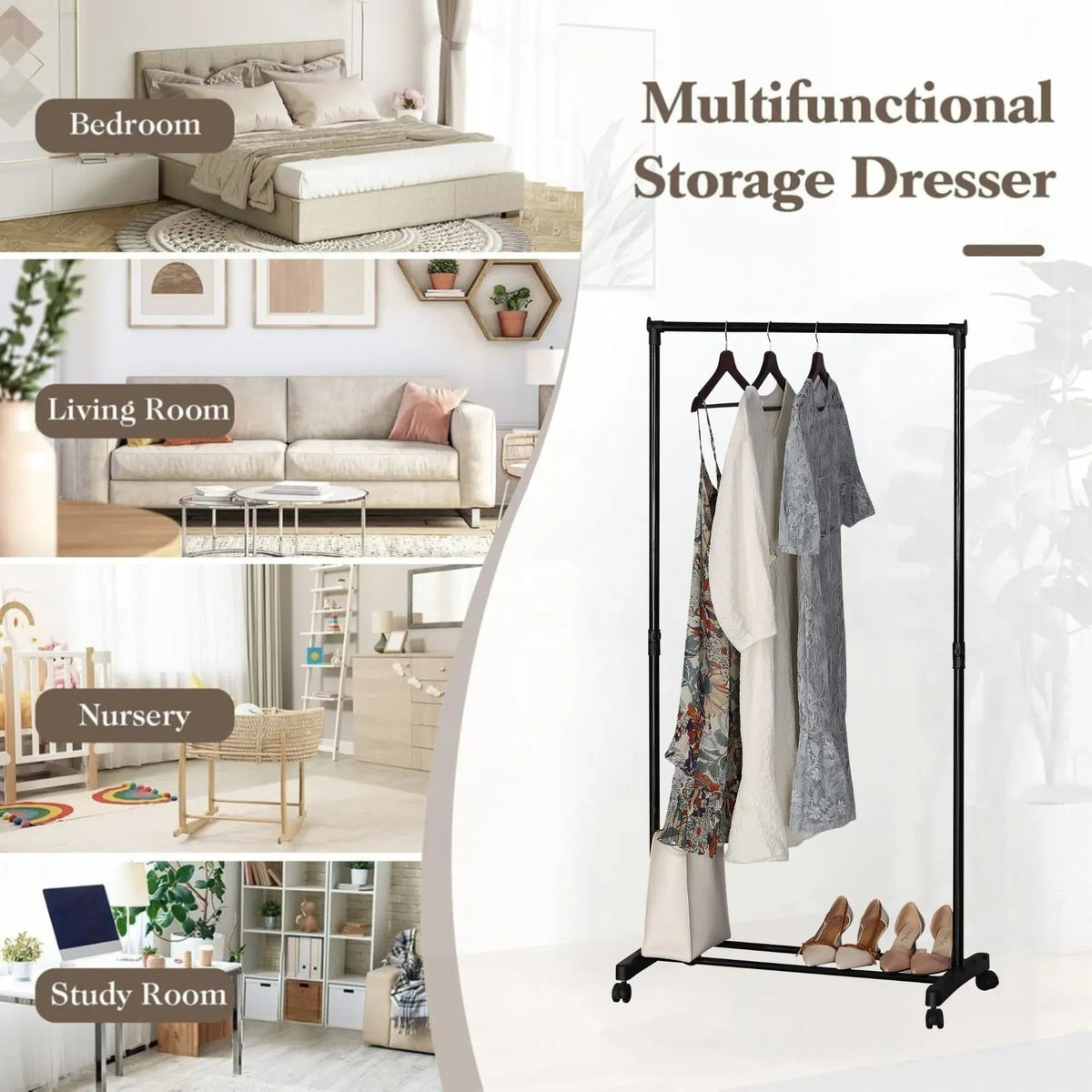 Adjustable Height Clothes Rack with Wheels and Bottom Bars for Shoes - Black - Home & Garden > Storage > Clothing & Wardrobe Storage - Rivercity House & Home Co. (ABN 18 642 972 209) - Affordable Modern Furniture Australia