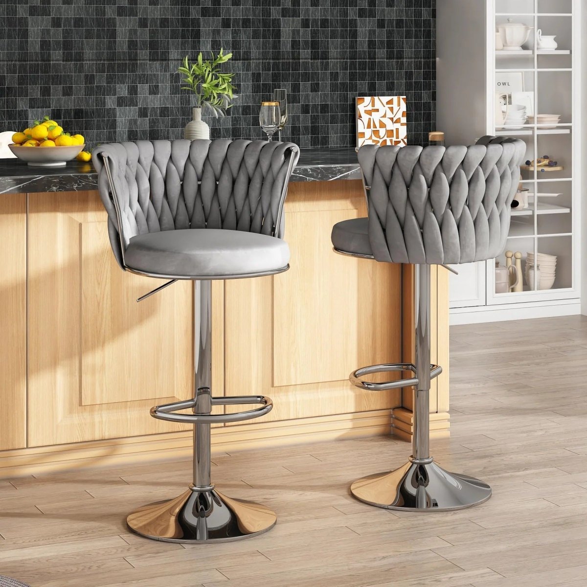 Adjustable Height Modern Velvet Swivel Counter Stool Set of 2 with Metal Frame - Grey - Furniture > Bar Stools & Chairs > Table & Bar Stools - Rivercity House & Home Co. (ABN 18 642 972 209) - Affordable Modern Furniture Australia