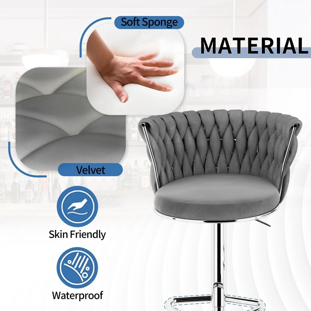 Adjustable Height Modern Velvet Swivel Counter Stool Set of 2 with Metal Frame - Grey - Furniture > Bar Stools & Chairs > Table & Bar Stools - Rivercity House & Home Co. (ABN 18 642 972 209) - Affordable Modern Furniture Australia