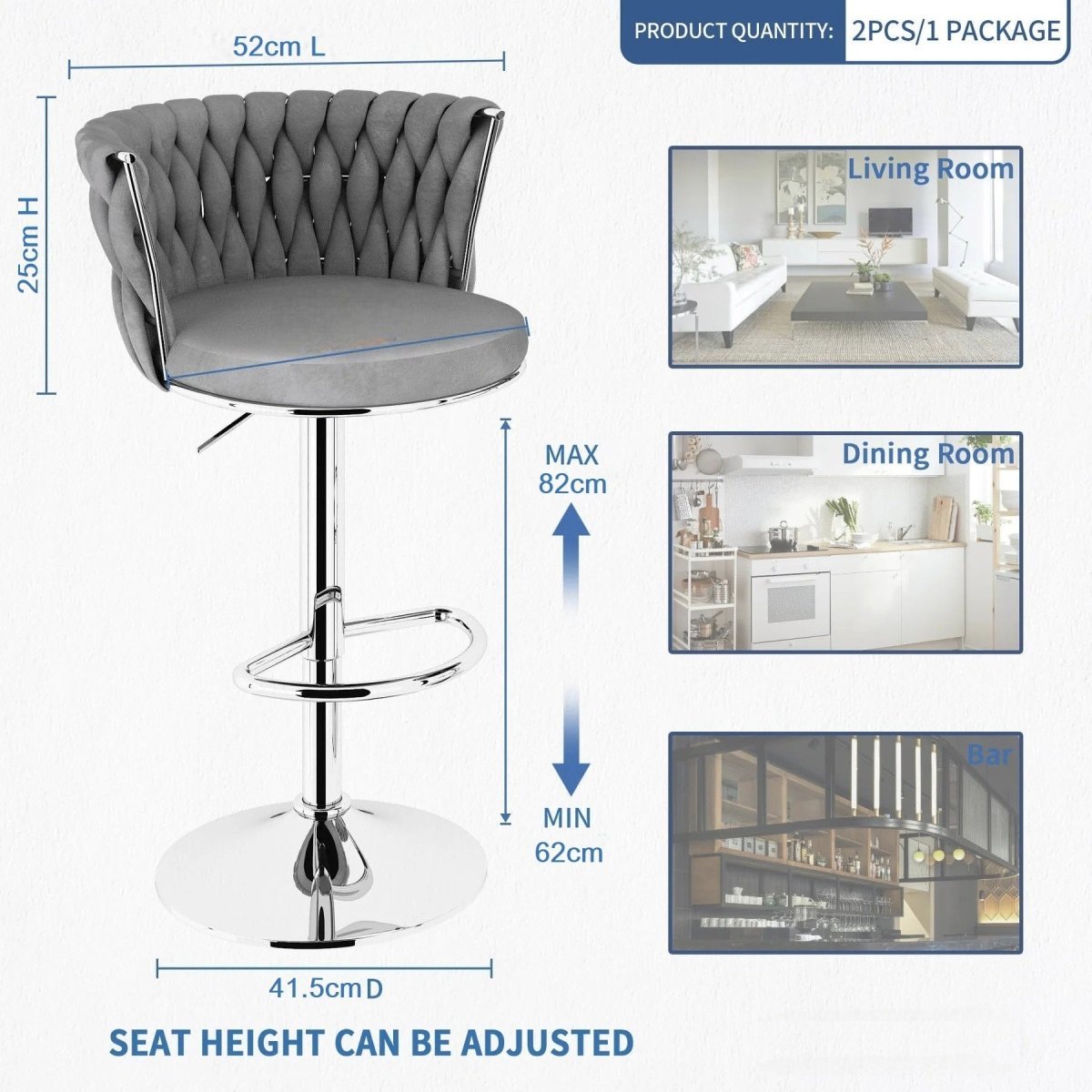 Adjustable Height Modern Velvet Swivel Counter Stool Set of 2 with Metal Frame - Grey - Furniture > Bar Stools & Chairs > Table & Bar Stools - Rivercity House & Home Co. (ABN 18 642 972 209) - Affordable Modern Furniture Australia