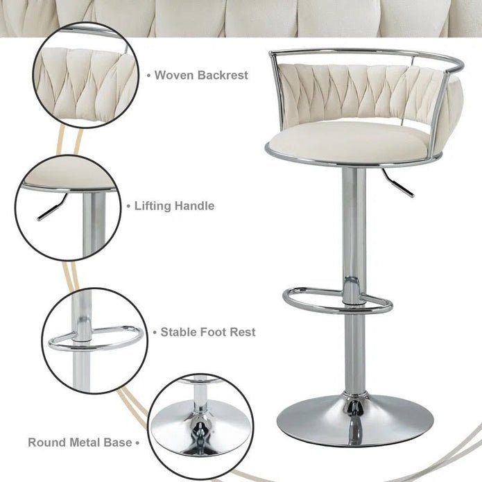 Adjustable Height Silver Metal Frame Velvet Upholstered Swivel Counter Stool Set of 2 - White - Furniture > Bar Stools & Chairs > Table & Bar Stools - Rivercity House & Home Co. (ABN 18 642 972 209) - Affordable Modern Furniture Australia