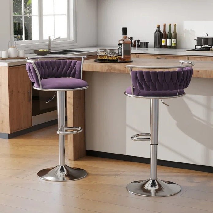 Adjustable Height Silver Metal Frame Velvet Upholstered Swivel Counter Stool with Footrest (Set of 2) - Violet - Furniture > Bar Stools & Chairs > Table & Bar Stools - Rivercity House & Home Co. (ABN 18 642 972 209) - Affordable Modern Furniture Australia