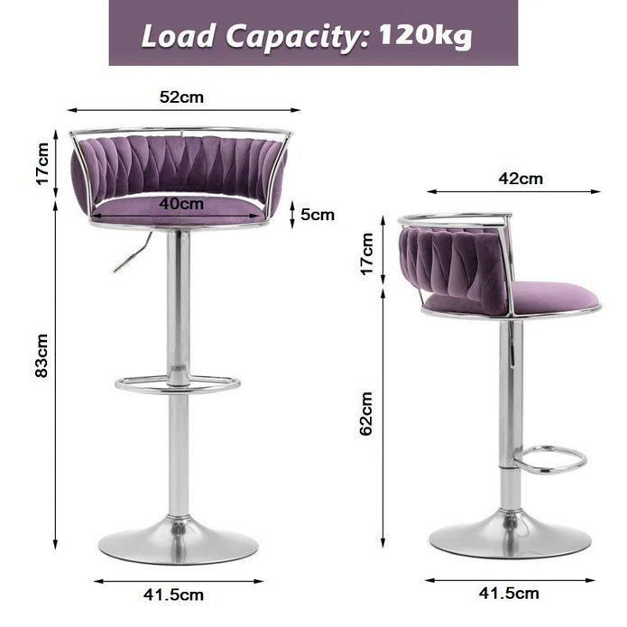 Adjustable Height Silver Metal Frame Velvet Upholstered Swivel Counter Stool with Footrest (Set of 2) - Violet - Furniture > Bar Stools & Chairs > Table & Bar Stools - Rivercity House & Home Co. (ABN 18 642 972 209) - Affordable Modern Furniture Australia