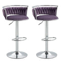 Adjustable Height Silver Metal Frame Velvet Upholstered Swivel Counter Stool with Footrest (Set of 2) - Violet