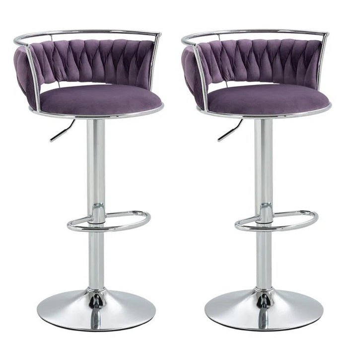 Adjustable Height Silver Metal Frame Velvet Upholstered Swivel Counter Stool with Footrest (Set of 2) - Violet - Furniture > Bar Stools & Chairs > Table & Bar Stools - Rivercity House & Home Co. (ABN 18 642 972 209) - Affordable Modern Furniture Australia