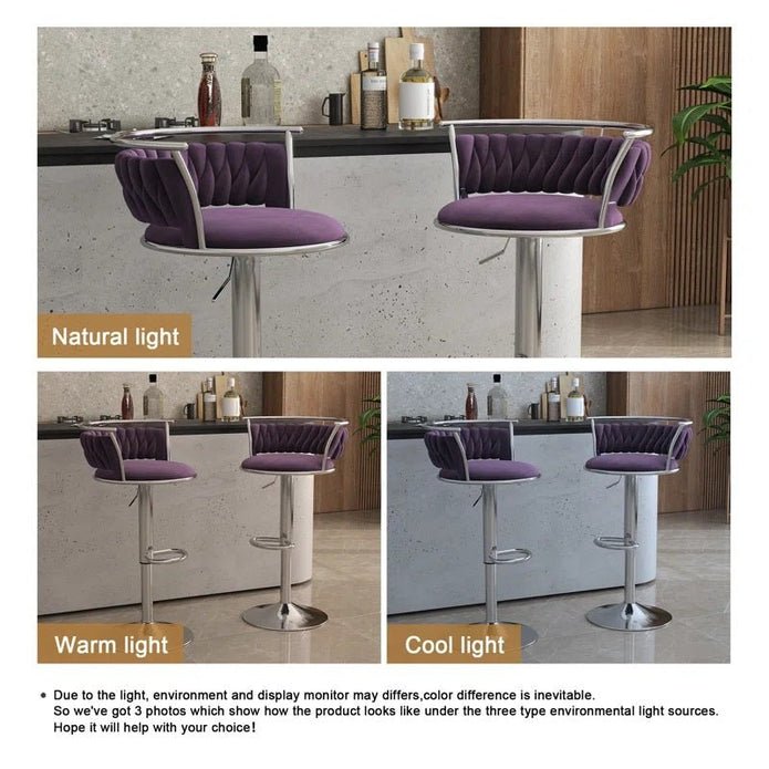 Adjustable Height Silver Metal Frame Velvet Upholstered Swivel Counter Stool with Footrest (Set of 2) - Violet - Furniture > Bar Stools & Chairs > Table & Bar Stools - Rivercity House & Home Co. (ABN 18 642 972 209) - Affordable Modern Furniture Australia
