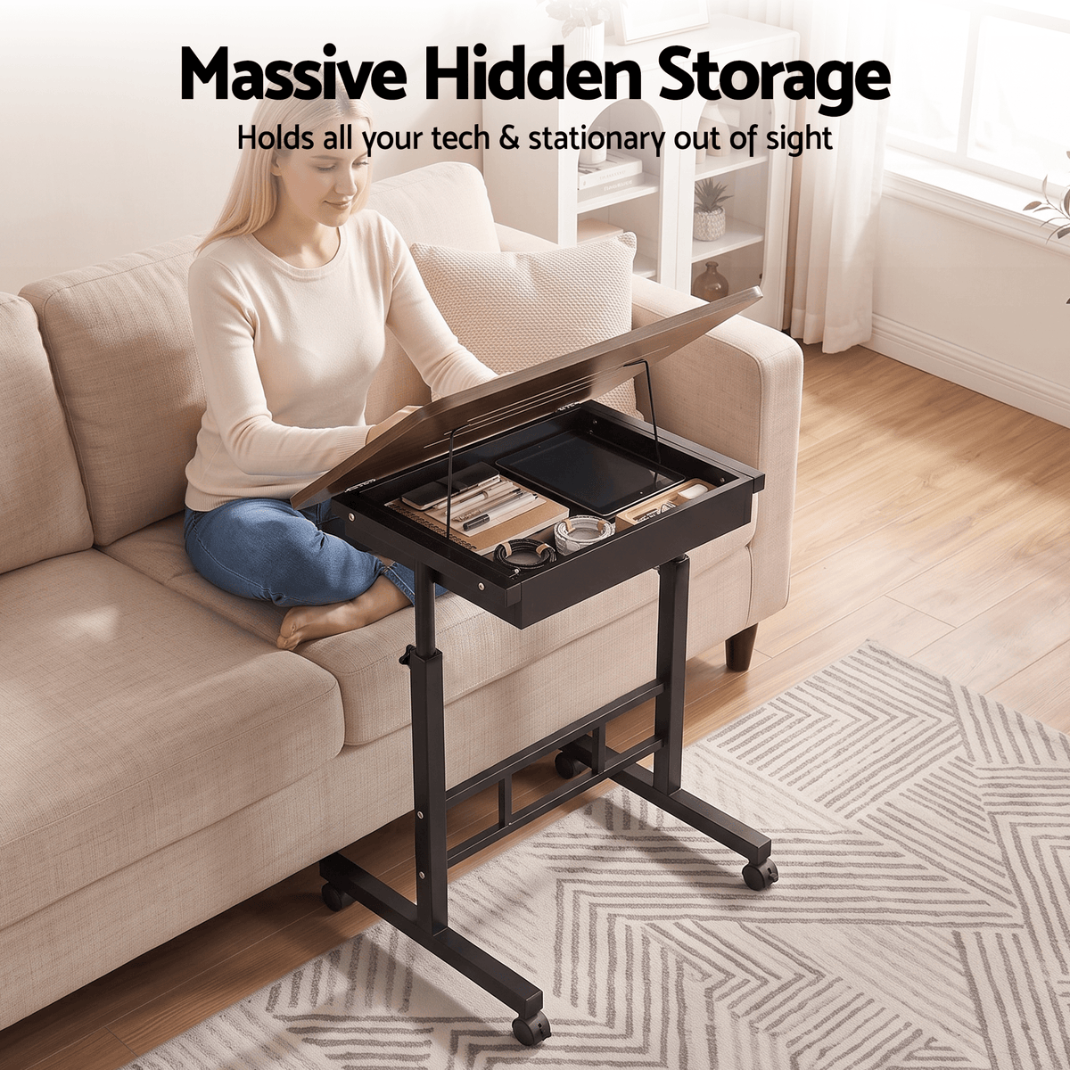Adjustable Mobile Laptop Desk with Hidden Storage Bedside Table - Walnut - Furniture > Office > Desks - Rivercity House & Home Co. (ABN 18 642 972 209) - Affordable Modern Furniture Australia