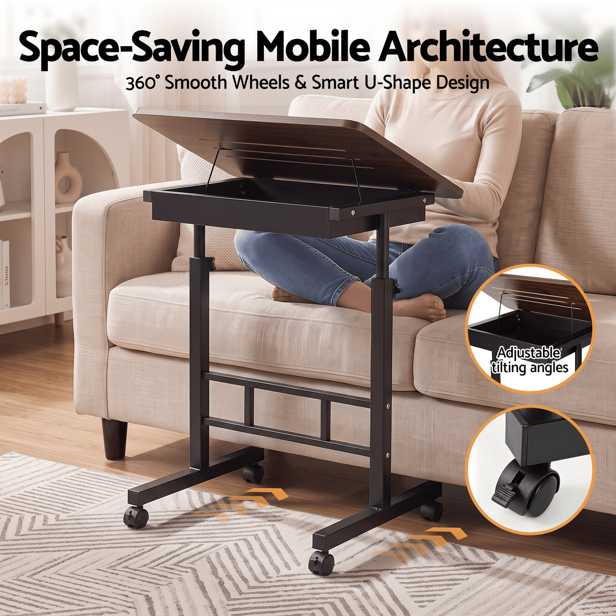 Adjustable Mobile Laptop Desk with Hidden Storage Bedside Table - Walnut - Furniture > Office > Desks - Rivercity House & Home Co. (ABN 18 642 972 209) - Affordable Modern Furniture Australia