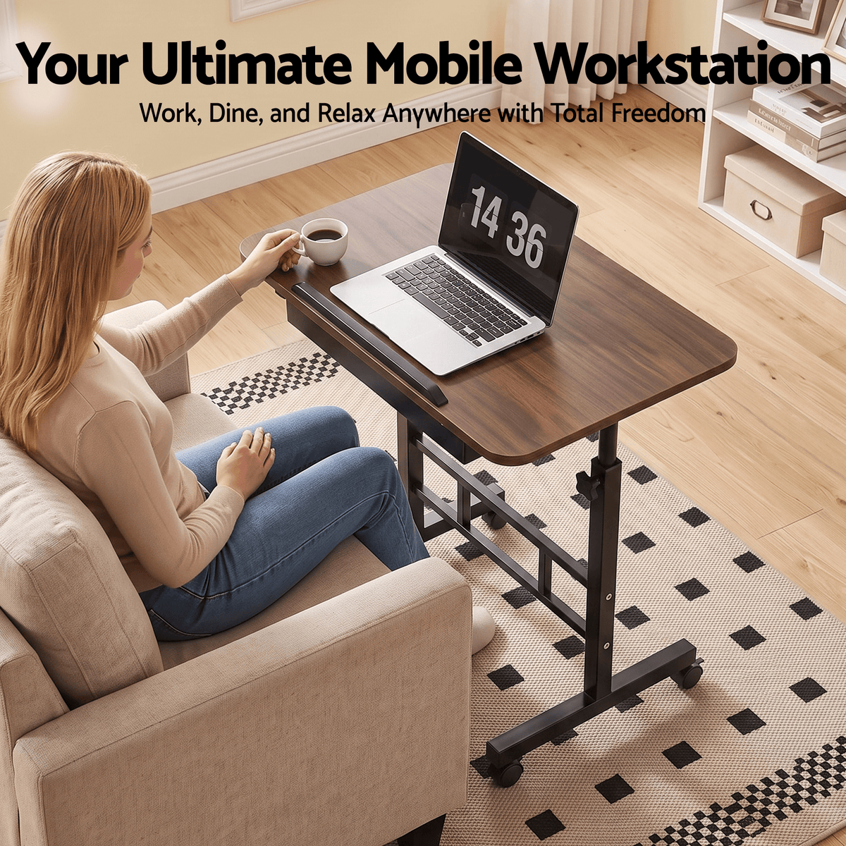 Adjustable Mobile Laptop Desk with Hidden Storage Bedside Table - Walnut - Furniture > Office > Desks - Rivercity House & Home Co. (ABN 18 642 972 209) - Affordable Modern Furniture Australia