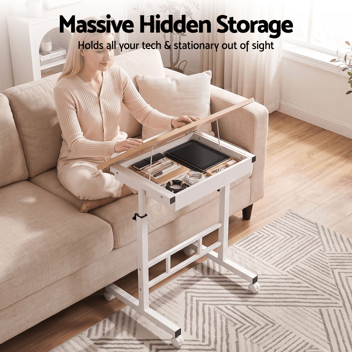 Adjustable Mobile Laptop Desk with Hidden Storage Wood Finish - Light Wood - Furniture > Office > Desks - Rivercity House & Home Co. (ABN 18 642 972 209) - Affordable Modern Furniture Australia