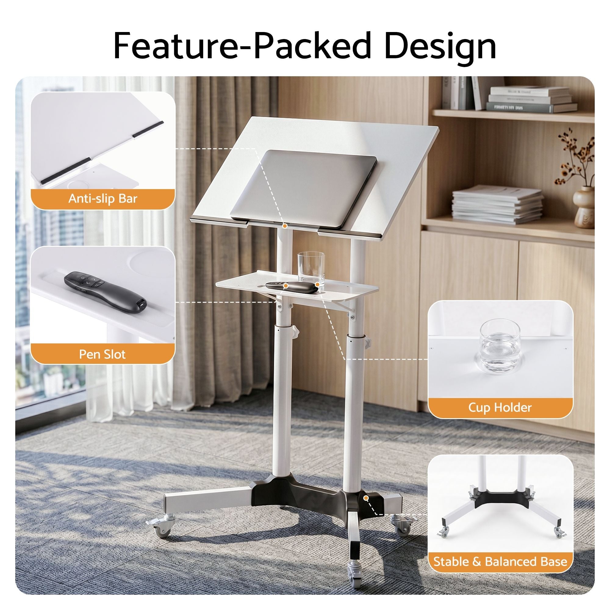 Adjustable Mobile Lectern Stand with Wheels Sit-to-Stand Podium - White - Furniture > Office > Desks - Rivercity House & Home Co. (ABN 18 642 972 209) - Affordable Modern Furniture Australia