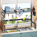 Adjustable Over the Sink Dish Drying Rack with Utensil Holder, Hooks & Cutting Board Rack for Kitchen Counter Storage - Black
