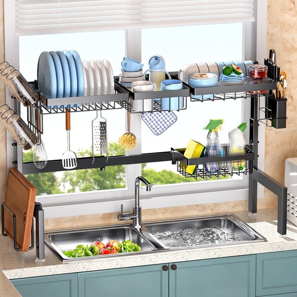 Adjustable Over the Sink Dish Drying Rack with Utensil Holder, Hooks & Cutting Board Rack for Kitchen Counter Storage - Home & Garden > DIY > Kitchen & Bathroom DIY - Rivercity House & Home Co. (ABN 18 642 972 209) - Affordable Modern Furniture Australia