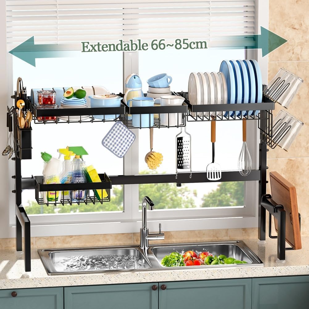Adjustable Over the Sink Dish Drying Rack with Utensil Holder, Hooks & Cutting Board Rack for Kitchen Counter Storage - Home & Garden > DIY > Kitchen & Bathroom DIY - Rivercity House & Home Co. (ABN 18 642 972 209) - Affordable Modern Furniture Australia