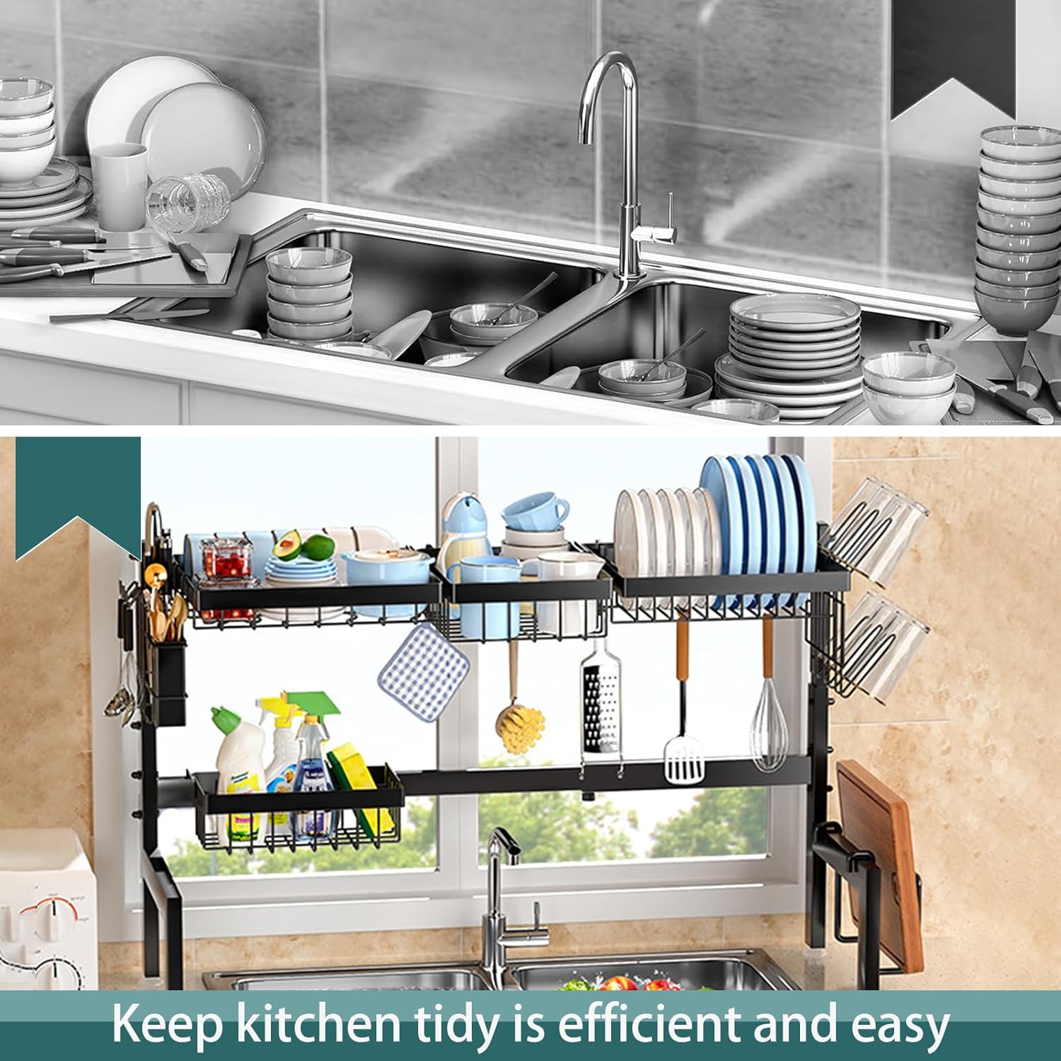 Adjustable Over the Sink Dish Drying Rack with Utensil Holder, Hooks & Cutting Board Rack for Kitchen Counter Storage - Home & Garden > DIY > Kitchen & Bathroom DIY - Rivercity House & Home Co. (ABN 18 642 972 209) - Affordable Modern Furniture Australia